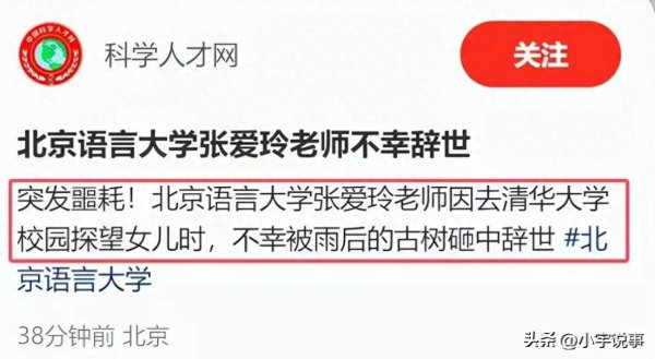 福盈策略 突发！北语教授张爱玲被古树砸中离世！12天前还露面女儿就读清华